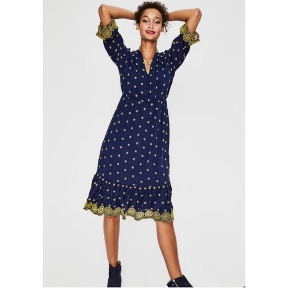 Boden Bronwen Broderie Embroidered Midi Dress in Navy and Yellow Sz 12 - Picture 2 of 16